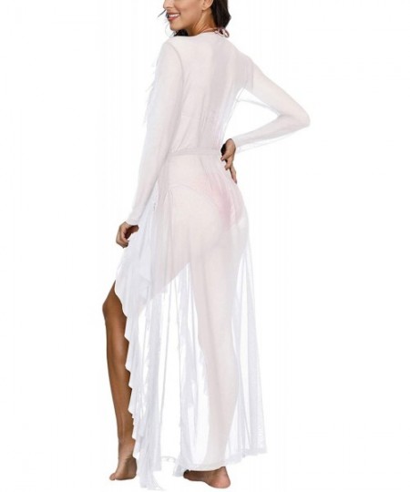 Cover-Ups Women's Sexy Thin Mesh Long Sleeve Tie Swimsuit Beach Maxi Cover Up Dress - White - C71907TY4CG