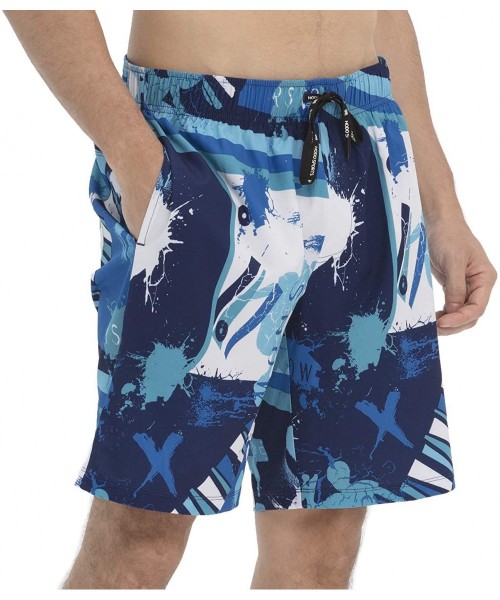 Board Shorts Men's Swim Trunks with Mesh Lining - Graffiti Blue Navy - C7194X39E2C