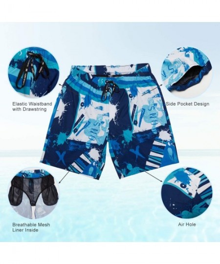 Board Shorts Men's Swim Trunks with Mesh Lining - Graffiti Blue Navy - C7194X39E2C