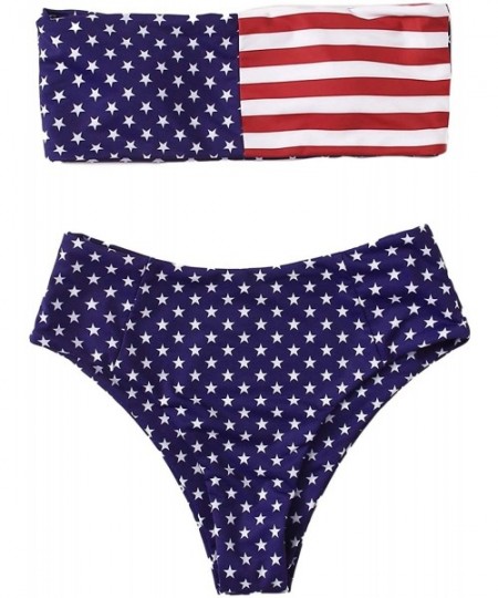 Sets Women's Sexy Bikini Set High Waist Wrap Padding Bandeau Bathing Swimwear Suit - American Flag - CN18STCEHIC