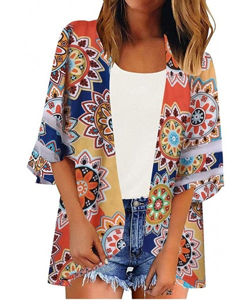 Cover-Ups Ladies Chiffon Loose Kimono Cardigan 3/4 Bell Sleeve Mesh Panel Cover up Beach Tops - Yellow - CR199XSIZM0