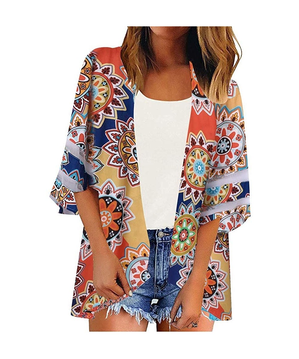 Cover-Ups Ladies Chiffon Loose Kimono Cardigan 3/4 Bell Sleeve Mesh Panel Cover up Beach Tops - Yellow - CR199XSIZM0