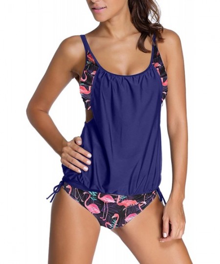 Sets Womens Stripes Lined Up Double Up Tankini Top Sets Swimwear - Print Navy - CZ18SITO2NS