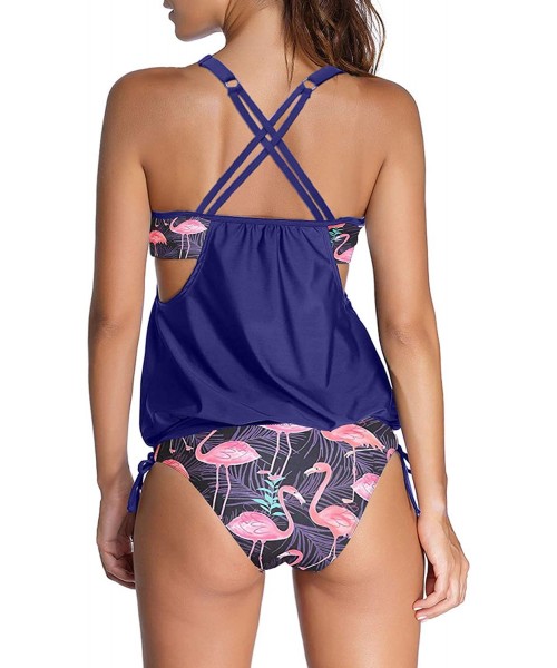 Sets Womens Stripes Lined Up Double Up Tankini Top Sets Swimwear - Print Navy - CZ18SITO2NS