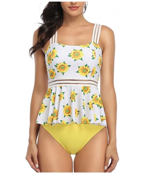 Bottoms Bikini Set-Ruffled High Waisted Tankini- Sunflower Print Tankini Swimsuits for Women Tummy Control - Yellow - CI196ON...