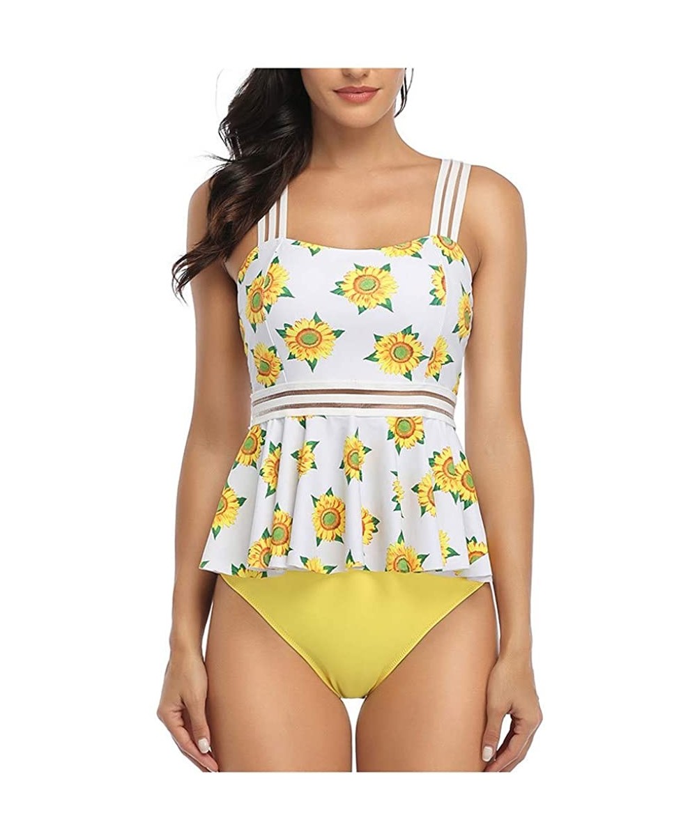 Bottoms Bikini Set-Ruffled High Waisted Tankini- Sunflower Print Tankini Swimsuits for Women Tummy Control - Yellow - CI196ON...