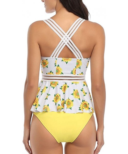 Bottoms Bikini Set-Ruffled High Waisted Tankini- Sunflower Print Tankini Swimsuits for Women Tummy Control - Yellow - CI196ON...