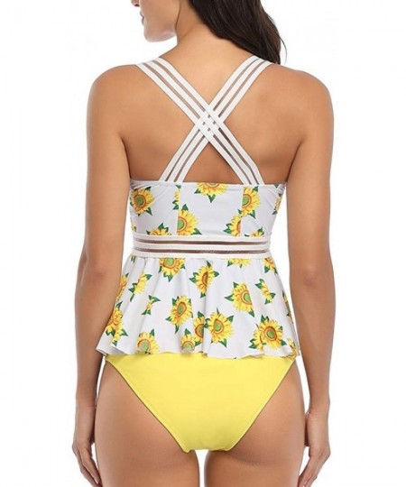 Bottoms Bikini Set-Ruffled High Waisted Tankini- Sunflower Print Tankini Swimsuits for Women Tummy Control - Yellow - CI196ON...