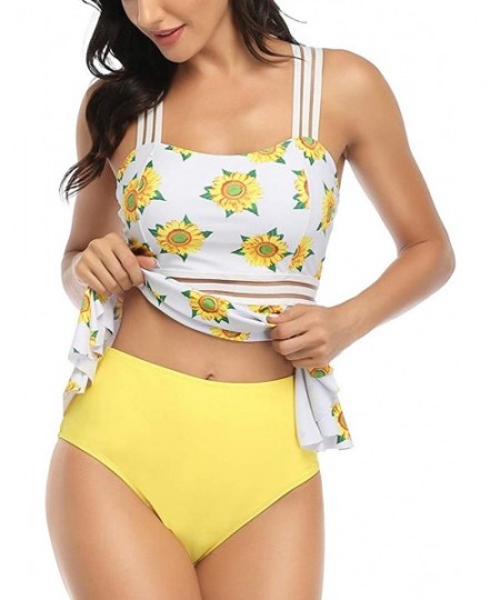 Bottoms Bikini Set-Ruffled High Waisted Tankini- Sunflower Print Tankini Swimsuits for Women Tummy Control - Yellow - CI196ON...