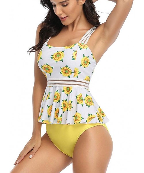 Bottoms Bikini Set-Ruffled High Waisted Tankini- Sunflower Print Tankini Swimsuits for Women Tummy Control - Yellow - CI196ON...