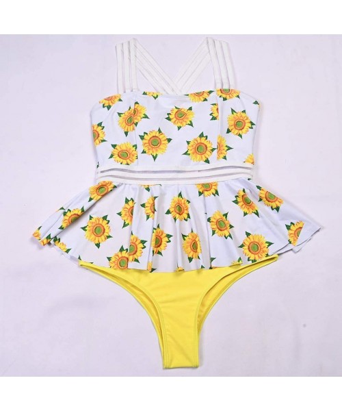 Bottoms Bikini Set-Ruffled High Waisted Tankini- Sunflower Print Tankini Swimsuits for Women Tummy Control - Yellow - CI196ON...