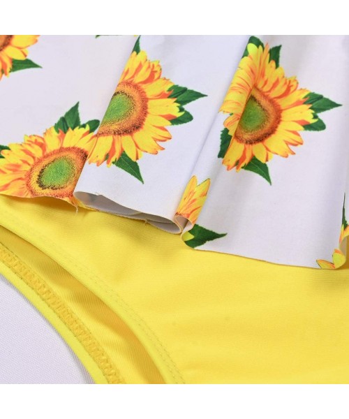 Bottoms Bikini Set-Ruffled High Waisted Tankini- Sunflower Print Tankini Swimsuits for Women Tummy Control - Yellow - CI196ON...