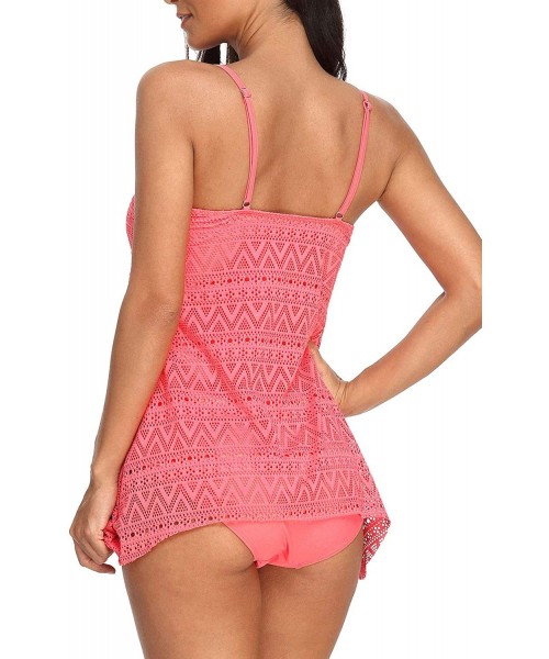 Racing 2pcs Swimsuits for Women Adjustable Double Layer Swimdress + Bottoms- Beach Tankinis Swimwear - Pink - CX194UD6I72