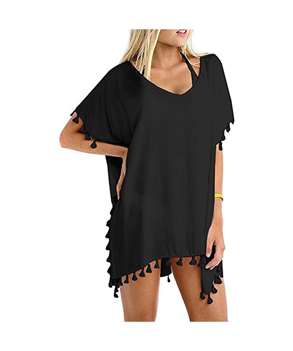 Cover-Ups Women's Chiffon Swimsuit Cover Ups Swimwear Beachwear Bikini Solid Loose Beach Cover-Up - Black - CX18EL8499O