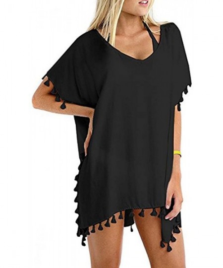 Cover-Ups Women's Chiffon Swimsuit Cover Ups Swimwear Beachwear Bikini Solid Loose Beach Cover-Up - Black - CX18EL8499O