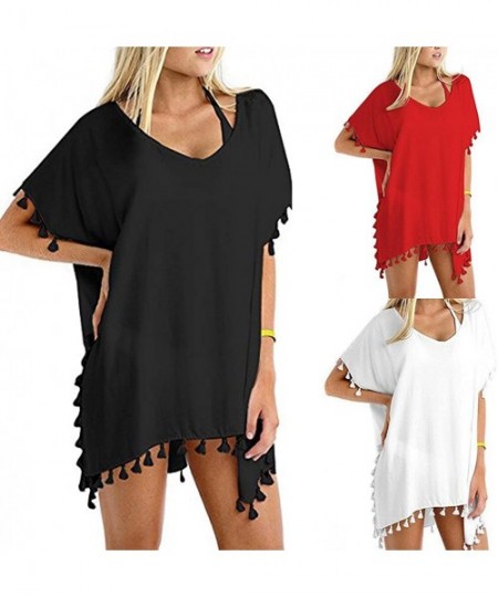 Cover-Ups Women's Chiffon Swimsuit Cover Ups Swimwear Beachwear Bikini Solid Loose Beach Cover-Up - Black - CX18EL8499O