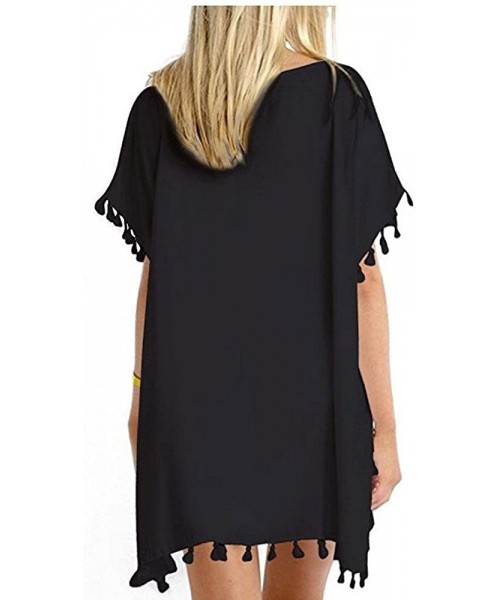 Cover-Ups Women's Chiffon Swimsuit Cover Ups Swimwear Beachwear Bikini Solid Loose Beach Cover-Up - Black - CX18EL8499O