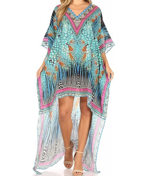 Cover-Ups Laisson Flowy Hi Low Caftan Rhinestone Boxy V Neck Dress Top Cover/Up - St40-turq - CR1886ZIH6T