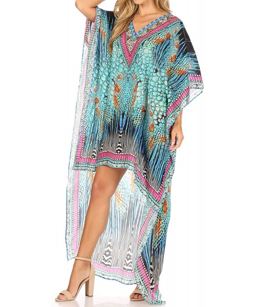 Cover-Ups Laisson Flowy Hi Low Caftan Rhinestone Boxy V Neck Dress Top Cover/Up - St40-turq - CR1886ZIH6T