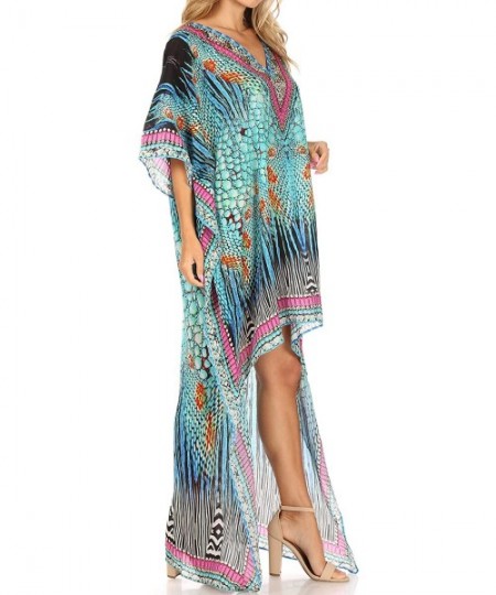 Cover-Ups Laisson Flowy Hi Low Caftan Rhinestone Boxy V Neck Dress Top Cover/Up - St40-turq - CR1886ZIH6T