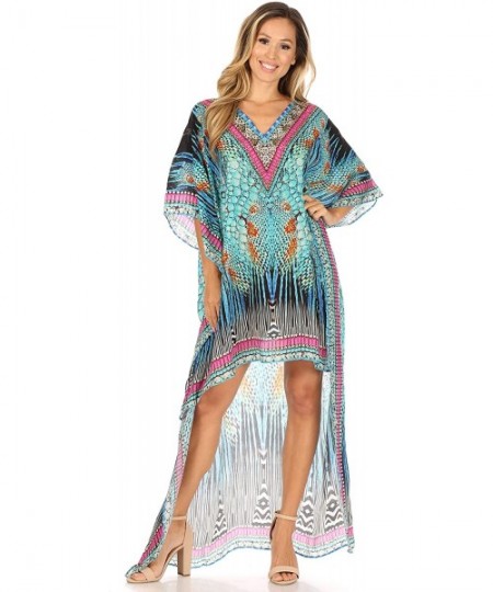 Cover-Ups Laisson Flowy Hi Low Caftan Rhinestone Boxy V Neck Dress Top Cover/Up - St40-turq - CR1886ZIH6T