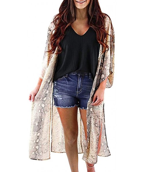 Cover-Ups Kimono Cardigans for Women Summer Beach Floral Chiffon Long Bikini Cover-up Tops - Khaki 03 - CB18WIED67O