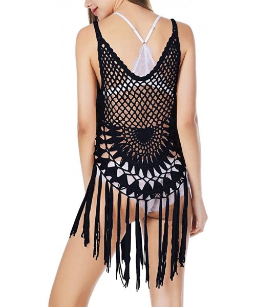 Cover-Ups Women's Sexy Lace Bathing Suit Handmade Crochet Tassel Bikini Swimwear Cover Up Summer Beach Dress - Black - C018CU...