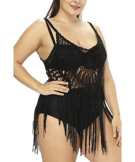 Cover-Ups Women's Sexy Lace Bathing Suit Handmade Crochet Tassel Bikini Swimwear Cover Up Summer Beach Dress - Black - C018CU...