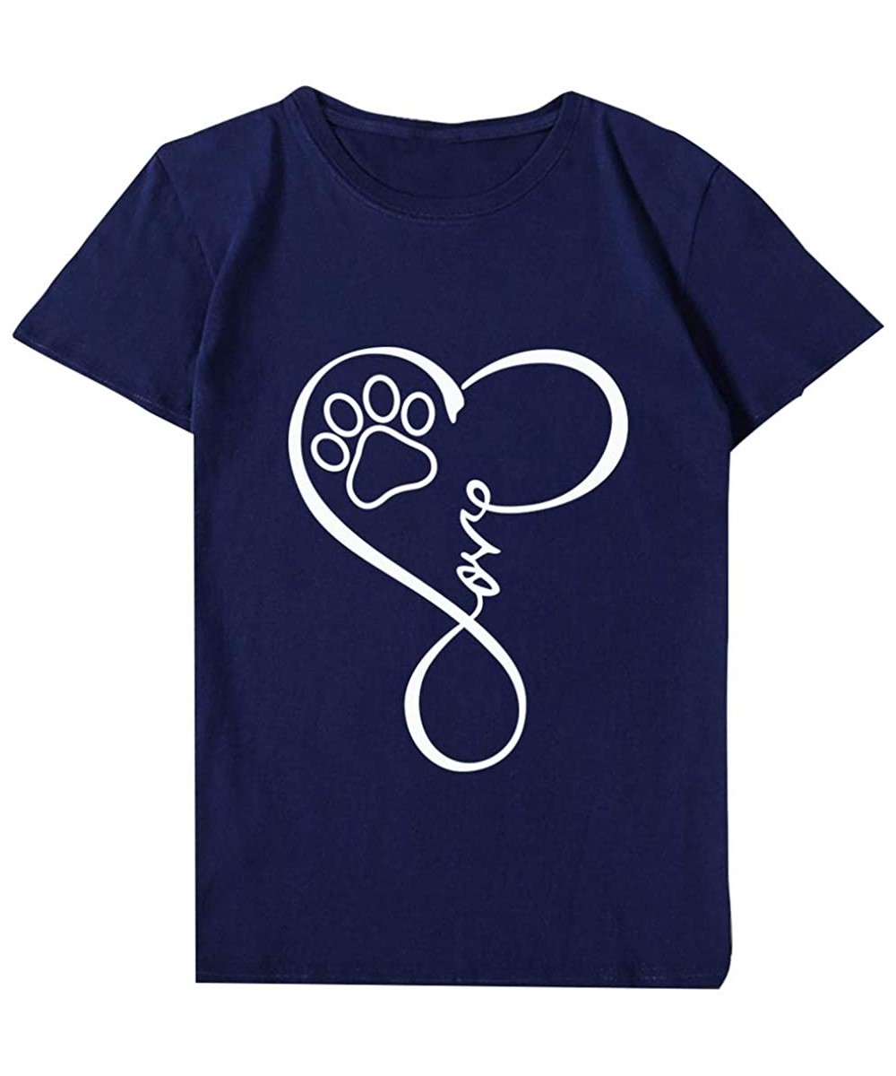 One-Pieces Women's Paw Print Tee Unisex Love T Shirt Soft Top for Animal Lovers Cat Dog Mom Plus Size - Navy - C8197EYAC6D