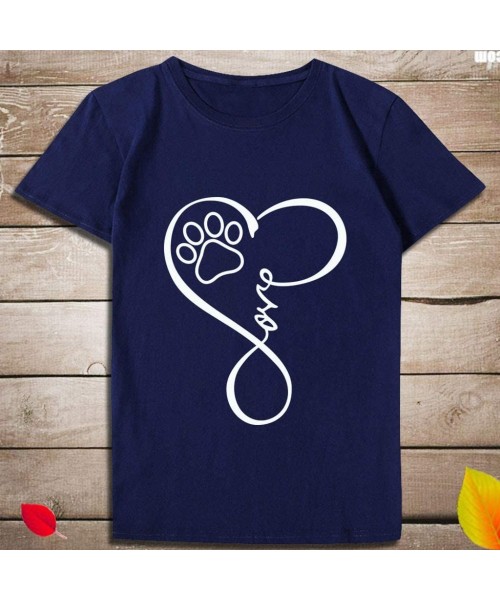 One-Pieces Women's Paw Print Tee Unisex Love T Shirt Soft Top for Animal Lovers Cat Dog Mom Plus Size - Navy - C8197EYAC6D