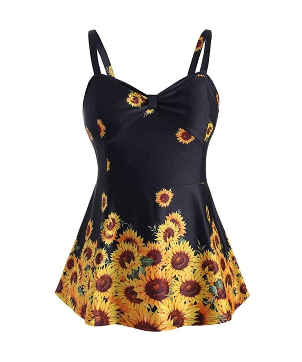 Racing Women Plus Size Ladies Sunflower Printed Slimming Wave-Edged Split Swimming Top - A Black - C518SU448E4