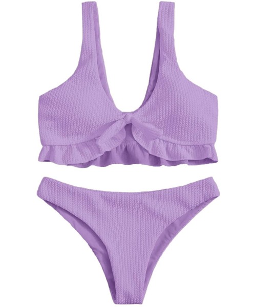 Sets Women's 2 Pieces Knit Knot Ruffle Hem Top with High Waist Thong Bikini Set - Purple - CK19CGW46QH