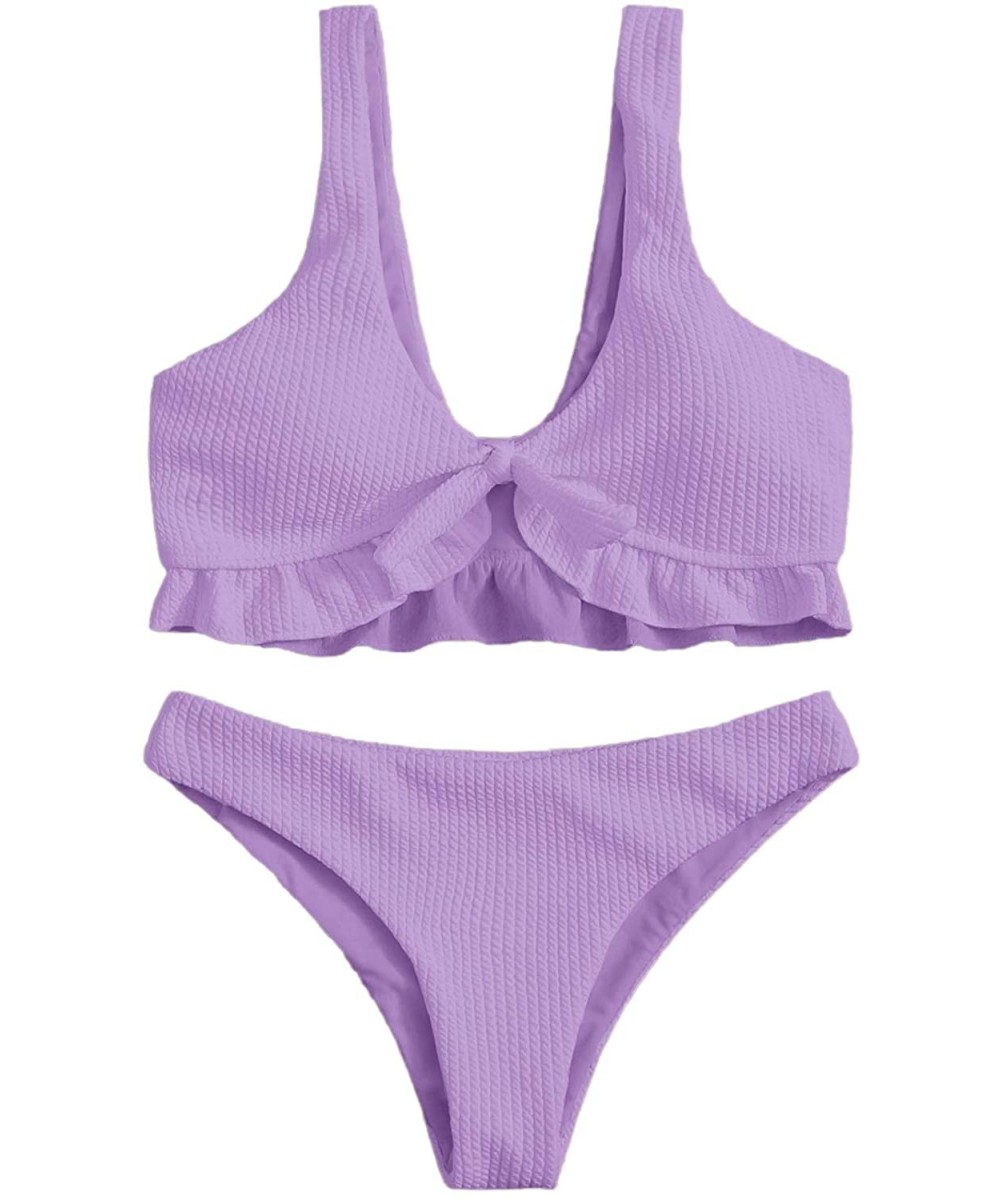 Sets Women's 2 Pieces Knit Knot Ruffle Hem Top with High Waist Thong Bikini Set - Purple - CK19CGW46QH