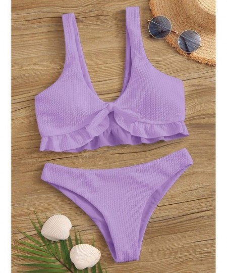 Sets Women's 2 Pieces Knit Knot Ruffle Hem Top with High Waist Thong Bikini Set - Purple - CK19CGW46QH