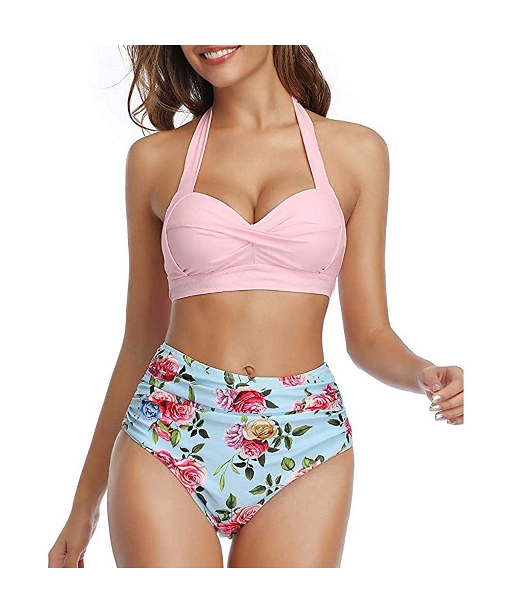 Cover-Ups Swimsuits for Women Tummy Control-Floral Print Swimsuit Two Piece Retro Halter Ruched High Waist Bikini Bathing Sui...