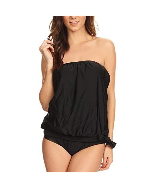 Tops Women's Bandeau Blouson Tie Tankini - Black - C612CGALE93