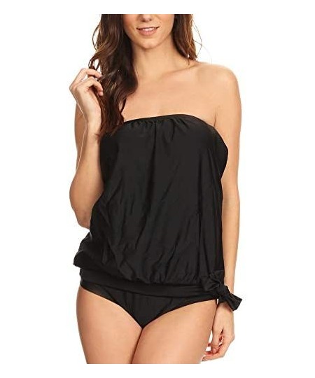 Tops Women's Bandeau Blouson Tie Tankini - Black - C612CGALE93