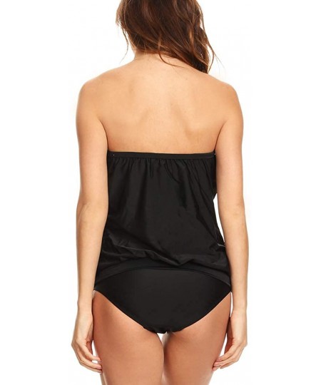 Tops Women's Bandeau Blouson Tie Tankini - Black - C612CGALE93