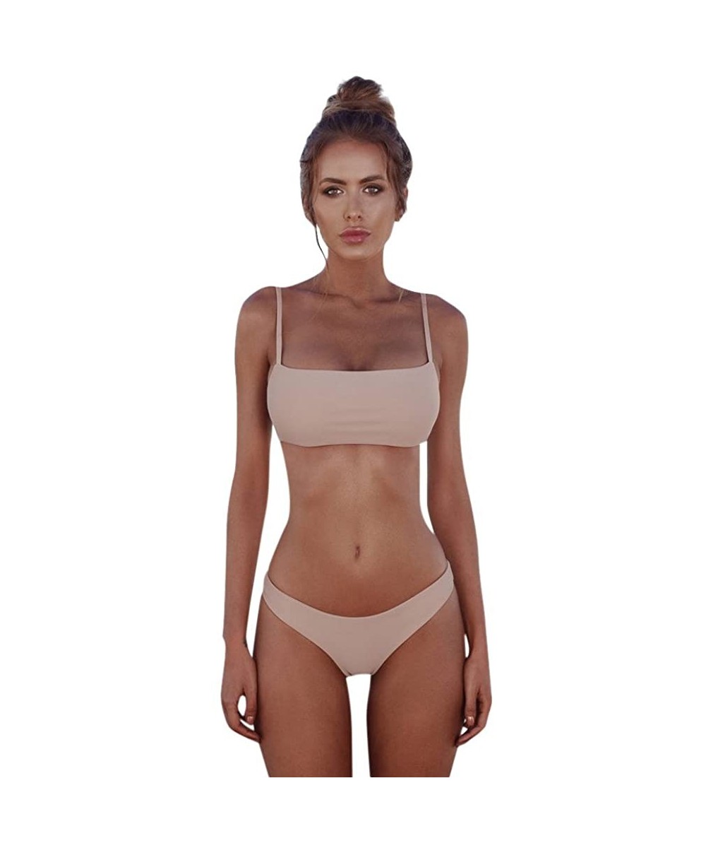 Racing Women Bandeau Bandage Bikini Set Push Up Brazilian Two Piece Swimsuit Swimwear Beachwear - Beige - C118UKIT6LI