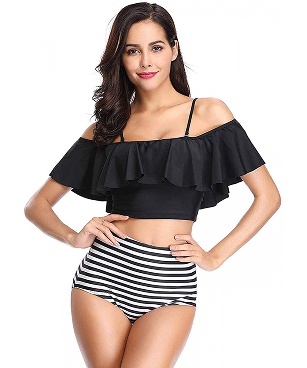 Sets Women Retro Flounce High Waisted Bikini Set Chic Swimsuit Two Piece Swimsuit - Style2 black - CJ18SLK626C