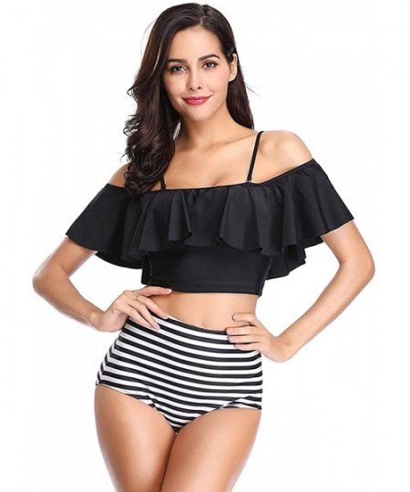 Sets Women Retro Flounce High Waisted Bikini Set Chic Swimsuit Two Piece Swimsuit - Style2 black - CJ18SLK626C