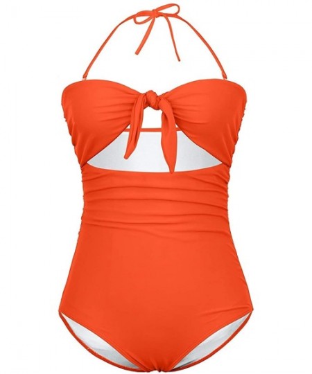 Tankinis Womens Sexy Bikini Off Shoulder Strapless Tie Knot Front High Waist Push Up One Piece Swimsuit - Orange - CP18TUZU2YC