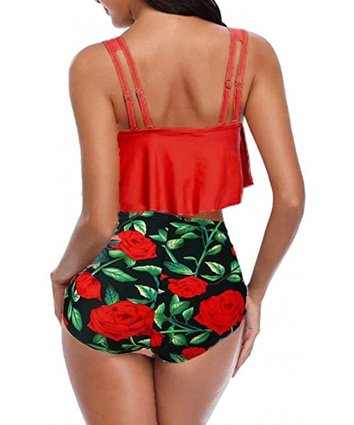 Sets Swimwear for Womens Summer Two Piece Plus Size Sexy Backless Halter Dot Printed Set Beachwear Tankini Bikini Red3 - CN18...