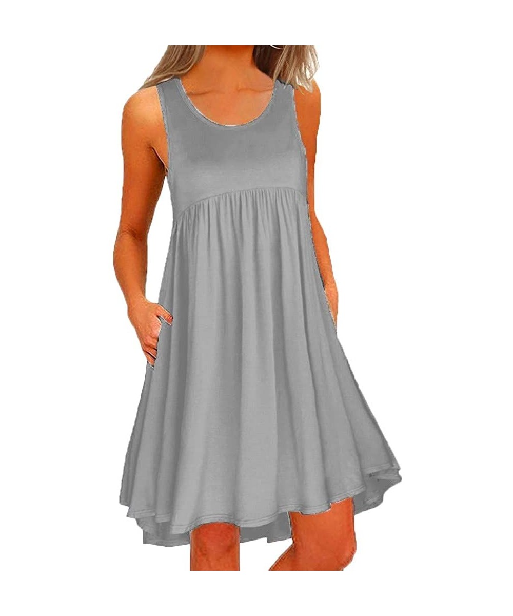 Bottoms Women O Neck Casual Lace Sleeveless Above Knee Dress Loose Party Mini Dress - Gray - CE18UCOGQM7