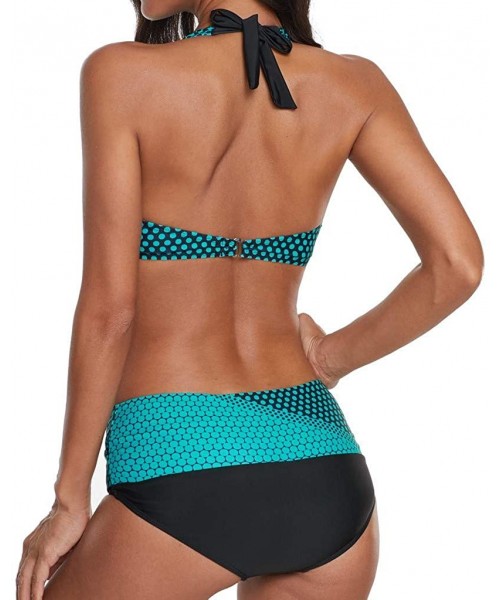 Sets Women's Push Up Two Piece Bikini 3D Polka Dot Print Halter Swimsuits Padded Swimwear Bathing Suits - Green - CH18TTH24HH