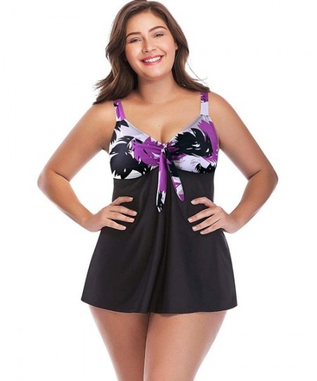 Tankinis Women's Plus Size Two Piece Floral Tankini Set with Boyshorts Swimsuits Swimwear - Black-purple - CF18LS0T08Y