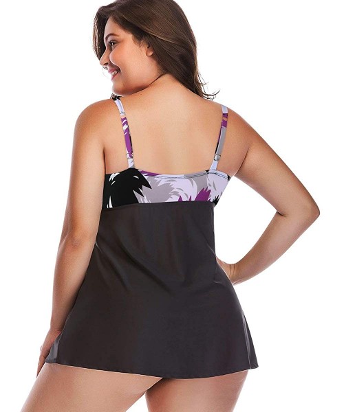 Tankinis Women's Plus Size Two Piece Floral Tankini Set with Boyshorts Swimsuits Swimwear - Black-purple - CF18LS0T08Y