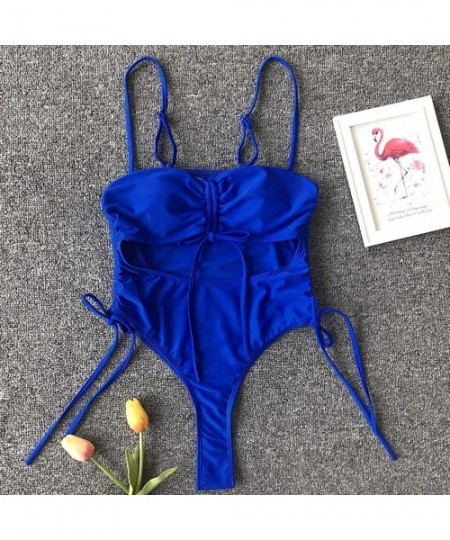 Sets Deep V Bikini-Women's Sexy Conjoined Swimsuit Motion Bandage Pure Color Integral Type Bikini - Blue - C918QQ7UNSU