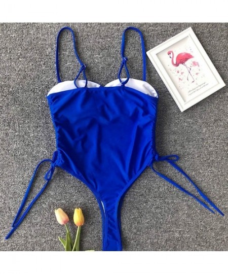 Sets Deep V Bikini-Women's Sexy Conjoined Swimsuit Motion Bandage Pure Color Integral Type Bikini - Blue - C918QQ7UNSU