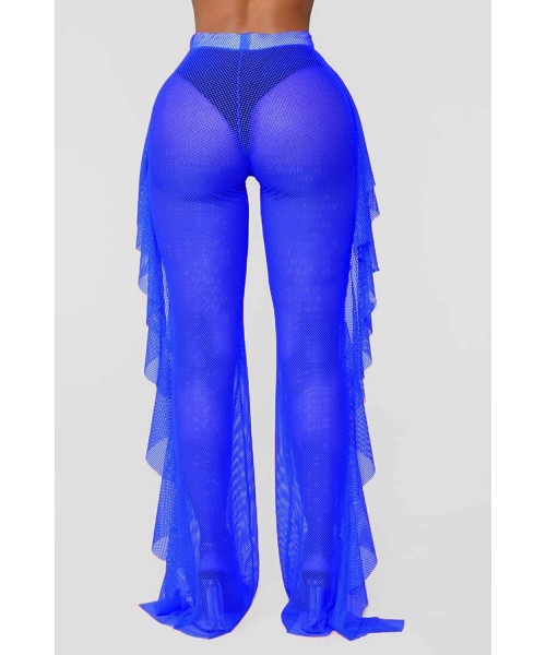 Cover-Ups Women Sexy Perspective Mesh Sheer Swim Shorts Pants Bikini Bottom Cover up Ruffle Clubwear Pants - Blue 2 - CD18RKW...